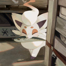 ambiguous_gender blush eyes_closed fangs feral food_in_mouth fur grey_body grey_fur paws solo teeth yuureii nintendo pokemon aquatic canid canine fish generation_8_pokemon hisuian_form hisuian_zorua mammal pokemon_(species) regional_form_(pokemon) 1:1 2025 hi_res