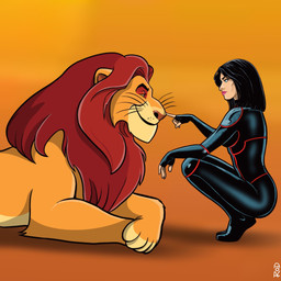 4_fingers 5_toes arms_bent bent_legs black_bodysuit black_clothing black_eyebrows black_hair black_skinsuit blue_eyes bodysuit boop brown_inner_ear brown_nose cheek_tuft closed_smile clothing crouching duo eyebrows eyelashes facial_tuft feet female female_human feral fingers fur hair half-closed_eyes happy larger_female larger_feral larger_male light lipstick long_hair lying makeup male male_feral mane mouth_closed multicolored_body multicolored_fur narrowed_eyes nose_boop on_front orange_background paws pink_lipstick red_mane side_view simple_background size_difference skinsuit smaller_human smile smiling_at_another smiling_at_each_other tan_body tan_skin tight_clothing toes tribute tuft whisker_spots whiskers yellow_body yellow_eyes yellow_fur rod_allen dc_comics disney planetary_(series) the_lion_king jakita_wagner mufasa felid human lion mammal metahuman pantherine 1:1 2024 colored digital_drawing_(artwork) digital_media_(artwork) english_description hi_res lighting shaded signature