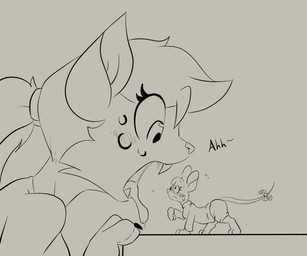 accessory all_fours anthro blush blush_lines bodily_fluids bottomwear bow_ribbon claws clothed clothed_anthro clothed_female clothing crawling crop_top dripping duo eyelashes eyewear fangs female female/female finger_claws fully_clothed fully_clothed_anthro fully_clothed_female furgonomics glasses larger_female open_mouth opening_mouth ribbons saliva saliva_drip saliva_on_tongue saliva_string sharp_teeth shirt shorts size_difference smaller_female sweater tail tail_accessory tail_ribbon teeth tongue tongue_out topwear twintails_(hairstyle) wearing_glasses muhny chloe_(muhny) edie_(muhny) domestic_cat felid feline felis mammal mouse murid murine rodent sketch