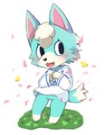 anthro black_eyes blossoms blue_body blue_ears blue_fur blue_tail blush bottomless clothed clothing dipstick_tail eyelashes fangs female fur looking_away markings multicolored_body multicolored_fur open_mouth simple_background solo tail tail_markings teeth topwear white_tail_tip fermata_suzuka animal_crossing nintendo skye_(animal_crossing) canid canine canis mammal wolf cel_shading shaded