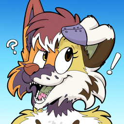 aussie_shep blue_background brown_eyes exclamation_point eyelashes fur gender_transformation gradient_background green_tongue looking_up mid_transformation mtf_transformation orange_body orange_fur pink_tongue question_mark red_nose sharp_teeth simple_background solo split_face teeth tongue transformation white_body white_fur yellow_eyes trevor-fox canid canine cross_fox fox mammal red_fox true_fox 1:1 hi_res