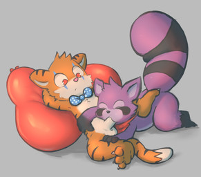 anthro balloon balls bow_tie bow_tie_only claws duo eyes_closed face_makeup fellatio fur genitals heart_balloon heart_symbol humanoid_genitalia humanoid_penis inflatable lying male male/male mostly_nude on_balloon on_front oral orange_body orange_fur penile penis raccoon_tail red_eyes sex striped_body striped_fur stripes tail young young_anthro young_male badipoki indigo_park rambley_raccoon sharik_(badipoki) felid mammal pantherine procyonid raccoon tiger absurd_res hi_res adult_(lore)
