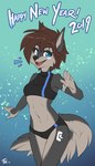 2019 anthro blue_eyes bottomwear breasts brown_hair canid canine canis clothed clothing conditional_dnp countershade_torso countershading digital_media_(artwork) exposure_variation fangs female fluff-kevlar fur greeting grey_body grey_fur hair holidays hotpants looking_at_viewer mammal markings midriff navel neck_muscles new_year shirt shorts simple_background small_breasts smile solo standing tail tala_(fluff-kevlar) tank_top teeth text tongue topwear tribal tribal_markings wolf