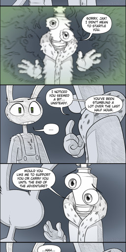 anthro bodily_fluids chess_piece clothed clothing dialogue dungeon hallucination looking_at_hands male nervous speech_bubble standing sweat text worried absolutedream glitch_productions the_amazing_digital_circus jax_(tadc) kinger_(tadc) lagomorph leporid mammal rabbit absurd_res comic english_text hi_res long_image tall_image