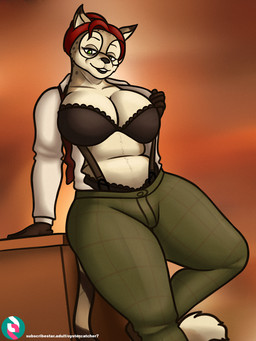 accessory anthro big_breasts black_clothing breasts brown_body brown_fur clothing collared_shirt desk dipstick_ears dress_shirt ear_markings eyewear female fur furniture glasses green_clothing green_eyes hair hair_bun lingerie looking_at_viewer markings mature_female multicolored_ears necktie pattern_clothing red_hair shirt slightly_chubby slightly_chubby_female solo spots striped_clothing stripes suspenders table tan_body tan_fur topwear undone_tie white_clothing oystercatcher7 bridgette_o'shane lynxuki 2024 absurd_res hi_res