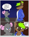 4:5 anthro blue_eyes brown_body brown_eyes brown_fur canid canine canis clothing comic dialogue dragov duo ear_piercing english_text fur green_hair grey_body grey_fur hair hi_res kingdraws male mammal mouse murid murine piercing rodent size_difference speech_bubble text thought_bubble wolf