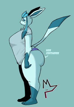 anthro barefoot big_breasts big_butt blue_eyes blush blush_lines breasts butt chest_tuft clothing dipstick_tail feet female female_anthro from_side gloves_(marking) huge_breasts huge_butt huge_thighs leg_markings markings narrowed_eyes panties pokemorph pseudo_hair shirt side_view socks_(marking) solo standing straining_clothing straining_underwear tail tail_markings thick_thighs topwear tuft underwear donedoggo evil_container nintendo pokemon glace_(donedoggo) eeveelution generation_4_pokemon glaceon pokemon_(species) 2026 absurd_res digital_drawing_(artwork) digital_media_(artwork) full-length_portrait hi_res meme portrait