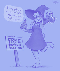 anthro barefoot breasts clothing dialogue dress feet female grass hair hat headgear headwear holding_object holding_potion plant potion sign simple_background smile solo tail text witch_hat keffotin caitlyn_(dannygreyiers) lagomorph leporid mammal rabbit 2021 blue_and_white digital_media_(artwork) english_text hi_res monochrome