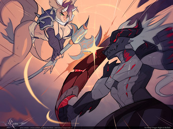 anthro axe battle big_breasts breasts cleavage clothed clothing duo female fight halberd male male/female melee_weapon polearm sword tail versus weapon whip kardie mythology idam_bryndrot kassandra_(skoll666) dragon mythological_creature mythological_scalie scalie absurd_res digital_drawing_(artwork) digital_media_(artwork) hi_res