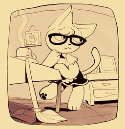 against_furniture against_surface against_table anthro beverage cleaning_tool clothed clothing container crossdressing cup eyewear furniture glasses head_tuft inside maid_uniform male mop pawpads paws solo table tea tuft uniform jaquin_s animal_crossing nintendo raymond_(animal_crossing) rover_(animal_crossing) domestic_cat felid feline felis mammal 2020 monochrome yellow_theme