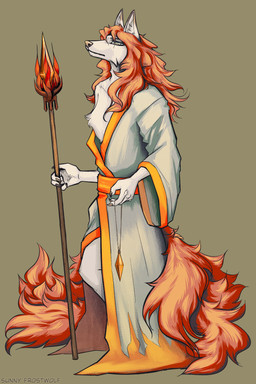 9_tails anthro blind claws clothing disability fur hair jewelry male multi_tail neutral_expression orange_body orange_fur orange_hair robe solo staff tail white_body white_fur sunny_frostwolf enka_(oliviamancer) canid canine fox mammal absurd_res hi_res