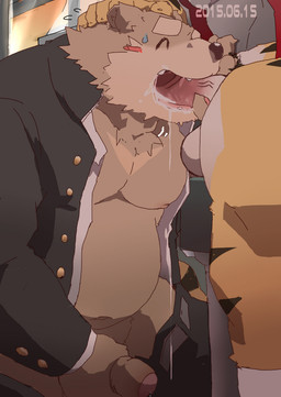 anthro anthro_on_anthro anthro_penetrated anthro_penetrating anthro_penetrating_anthro belly big_belly biped bodily_fluids brown_body brown_fur clothed clothing cum drooling duo erection fellatio foreskin fur genital_fluids genitals hand_on_head handjob handjob_while_masturbating handjob_while_penetrated humanoid_genitalia humanoid_penis inside kemono male male/male male_penetrated male_penetrating male_penetrating_male masturbating_while_penetrated masturbation open_clothing open_shirt open_topwear oral oral_penetration partially_retracted_foreskin penetration penile penile_masturbation penile_penetration penis penis_in_mouth precum retracted_foreskin saliva sex shirt slightly_chubby student sweat topwear uniform kisukemk777 third-party_edit bear felid mammal pantherine tiger 2015 censor_removal_edit hi_res