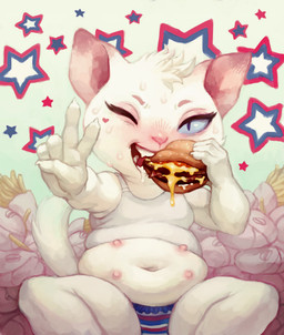 anthro belly biped blue_eyes bodily_fluids bottomwear burger claws clothing eating female food fries frilly fur gesture hand_gesture heart_symbol loli multi_nipple navel nipples one_eye_closed open_mouth overweight overweight_anthro overweight_female panties pattern_background pattern_bottomwear pattern_clothing pattern_panties pattern_underwear pink_nose saliva shirt simple_background sitting solo spread_legs spreading star star-shaped_background star_polygon striped_bottomwear striped_clothing striped_panties striped_underwear stripes sweat tank_top teeth topwear tuft underwear united_states_of_america v_sign white_body white_fur wink young young_anthro crookedtrees domestic_cat felid feline felis mammal