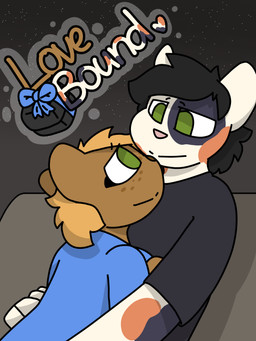 anthro black_hair blonde_hair clothed clothing duo female green_eyes hair male male/female text lewd_can lemmy_(sapphinarose) paprika_(sapphinarose) calico_cat domestic_cat felid feline felis lagomorph mammal pika 3:4 comic cover english_text hi_res