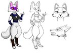 3_toes 5_fingers anthro bottomwear breasts clothing feet female fingers orange_eyes pants shirt solo tail toes topwear white_body arturfox teenage_mutant_ninja_turtles alopex canid canine fox mammal hi_res model_sheet monochrome