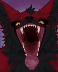 ambiguous_gender anthro black_body black_fur bodily_fluids feral flesh_tunnel fur gaping_mouth glowing glowing_eyes happy looking_at_viewer mouth_shot open_mouth oral purple_background realistic_anatomy realistic_lighting red_body red_fur saliva simple_background solo teeth teeth_showing tongue tongue_out yellow_eyes hakkerman n00dle danger_n00dle canid canine canis fox mammal rexouium wolf 4:5 absurd_res hi_res