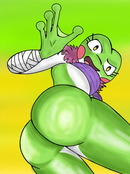 anthro arm_wraps bottomless breasts butt chest_wraps clothed clothing female looking_at_viewer low-angle_view open_mouth simple_background solo surprised wraps yellow_background alex_artist grefina_(noirchaton4) amphibian frog 3:4