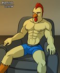 abs anthro big_pecs brown_eyes bulge clothed clothing detailed_bulge fur furniture genital_outline male muscular muscular_anthro muscular_male navel nipples on_sofa pecs penis_outline sitting sitting_on_sofa sofa solo underwear underwear_only yellow_body yellow_fur alkan henry_(alkan) avian bird chicken galliform gallus_(genus) phasianid 5:6 hi_res