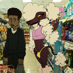 accessory anthro bag bottomwear clothed clothing crop_top duo facial_hair goatee gold_(metal) gold_jewelry hair_accessory hair_tie heart_eyes heart_symbol hoodie jewelry male mustache partially_clothed shirt shorts smoking store thong topwear underwear mushmushy manolo_sanchez canid canine canis domestic_dog human humanoid mammal poodle 1:1 absurd_res hi_res