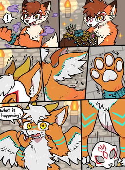 anthro dialogue digitigrade forced forced_transformation fur horn male mask pawpads solo speech_bubble text transformation transformation_sequence wings osya_ki mythology canid canine dragon fox furred_dragon furred_scalie mammal mythological_creature mythological_scalie scalie absurd_res comic english_text hi_res
