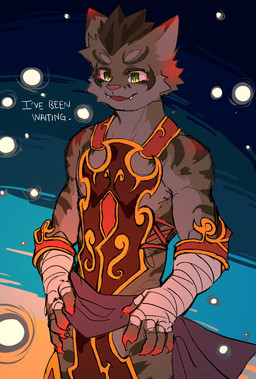 anthro asian_clothing bandage bandaged_arm bared_fangs brown_hair chinese_clothing clothing cute_fangs east_asian_clothing fangs fur green_eyes hair kemono male slim slim_anthro slim_male solo standing teeth white_body white_fur yellow_body yellow_fur hemuchang nekojishi studio_klondike shu-chi 2020 character_request hi_res