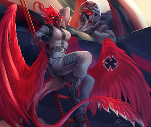 5_fingers anthro beak breasts clothed clothing cross duo feathered_wings feathers female fingers iron_cross looking_at_viewer non-mammal_breasts open_mouth red_body red_eyes red_feathers smile wings allatir fear_(terrorwing) terror_(terrorwing) avian bird 2021 digital_media_(artwork)