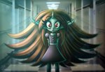 clothing confusion dress female hair hallway hi_res humanoid inside lens_flare long_hair looking_at_viewer lsd_(vrabo) not_furry red_eyes slim solo standing surprise uniform vampire vrabo young young_female young_humanoid