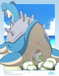 2020 absurd_res anus beach blue_body blush bodily_fluids countershading digital_media_(artwork) egg female feral fin generation_1_pokemon genitals hi_res horn lapras lapras_paradise nintendo number oviposition page_number pokemon pokemon_(species) pokemon_egg pussy rear_view seaside shell solo sweat tailbutt text url water winick-lim