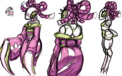 anthro asian_clothing clothed clothed_anthro clothed_female clothing east_asian_clothing female green_eyes japanese_clothing kimono looking_at_viewer looking_back nude nude_anthro nude_female simple_background solo white_background white_body any-low-be deltarune undertale_(series) mantis_(deltarune) arthropod insect mantis 16:10 colored hi_res widescreen