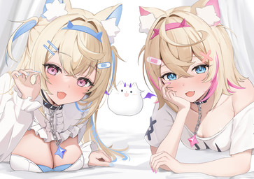 accessory ahoge animal_ears band-aid bandage bare_shoulders big_breasts black_choker black_jewelry black_necklace blonde_hair blue_eyes blue_nails blush breast_rest breasts choker cleavage clothed clothing collarbone colored_nails cute_fangs fake_horns fangs female fluffy_ears group hair hair_accessory hair_between_eyes highlights_(coloring) jewelry long_hair lying nails necklace on_front open_mouth pink_eyes pink_nails shirt short_hair small_breasts teeth topwear trio white_clothing white_shirt white_topwear melvis hololive hololive_en vtuber fuwawa_abyssgard mococo_abyssgard peropero_(fuwamoco) animal_humanoid canid canid_humanoid canine canine_humanoid dog_humanoid humanoid mammal mammal_humanoid absurd_res hi_res
