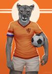 anthro ball biped black_lips bottomwear clothed clothing female fingers front_view fully_clothed fully_clothed_anthro fully_clothed_female fur grey_body grey_fur inner_ear_fluff lips looking_at_viewer netherlands orange_eyes shorts smile soccer soccer_ball soccer_uniform solo sport sportswear tuft uniform whiskers caraid felid feline lion mammal pantherine 2017 artist_name hi_res orange_theme portrait three-quarter_portrait warm_colors