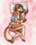 anthro bed bird's-eye_view brown_hair clothed clothing eyes_closed feet female fur furniture hair high-angle_view orange_body orange_fur plushie sleeping solo summer_coat tail underwear silentravyn canid canine deer fox mammal new_world_deer reindeer 2009 traditional_media_(artwork)