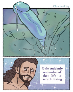 2_panel_comic abstract_background anthro beard biped blue_penis blush bodily_fluids border cum duo erection faceless_anthro faceless_character faceless_male facial_hair genital_fluids genitals green_body hair humor long_hair male mustache penis sackless sweat text white_border clawheld baldur's_gate baldur's_gate_3 dungeons_and_dragons hasbro larian_studios wizards_of_the_coast gahault gale_(baldur's_gate) dragonborn_(dnd) human mammal scalie 2024 comic dated english_text