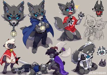 ambiguous_gender anthro axe bell bell_collar black_body black_eyes black_fur blue_eyes bottomwear cape clothing collar female fur grey_background grey_body grey_fur grey_horn group holding_object holding_weapon horn inner_ear_fluff maid_uniform male multicolored_body multicolored_fur open_mouth pants red_horn sharp_teeth simple_background smile teeth tuft uniform weapon white_body white_fur wool_(fur) liet4649 cult_of_the_lamb family_guy_death_pose massive_monster_(studio) goat_(cult_of_the_lamb) lamb_(cult_of_the_lamb) marchosias_(cult_of_the_lamb) narinder yngya_(cult_of_the_lamb) bovid canid canine canis caprine domestic_cat felid feline felis mammal sheep wolf 2026 hi_res meme widescreen