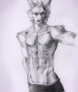 abs anthro arm_tuft cheek_tuft clothed clothing facial_tuft front_view looking_at_viewer male mouth_closed muscular muscular_anthro muscular_male navel neck_tuft nipples obliques pecs shoulder_tuft simple_background solo standing topless tuft unsigned akatan_art canid canine canis mammal wolf greyscale half-length_portrait hi_res monochrome portrait traditional_media_(artwork)