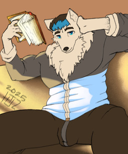 afternoon anthro blue_eyes book bottomwear bulge chest_fur clothing jacket light looking_at_viewer male muscular muscular_anthro muscular_male pants sitting snout solo thin_eyebrows topwear valken_holmes cgihd_(character) canid canine mammal 5:6 hi_res lighting