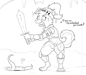 anthro armor biped bodily_fluids bottomless bottomless_female claws clothed clothing curled_tail dialogue digitigrade eyebrows feet female genitals hair headgear heart_symbol helmet holding_melee_weapon holding_object holding_sword holding_weapon long_hair melee_weapon open_mouth solo standing sweat sweatdrop sword tail teeth tentacles text toe_claws tongue vulva weapon young young_anthro young_female conditional_dnp psy101 mia_moore_(gears9333) canid canine canis domestic_dog husky mammal nordic_sled_dog spitz 2025 english_text hi_res monochrome