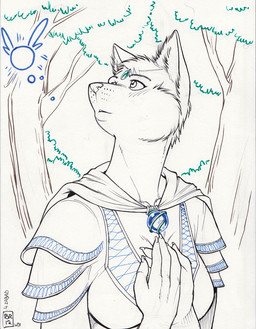 anthro black_eyes breasts clothed clothing detailed_background duo eyebrows female fully_clothed fur inner_ear_fluff leaf long_neck markings nails outside plant shrub solo_focus text tree tuft whisker_markings wood max_blackrabbit nintendo ocarina_of_time the_legend_of_zelda navi vulpa_(character) canid canine canis fairy mammal wolf 2012 english_text half-length_portrait pen_(artwork) portrait signature traditional_media_(artwork)