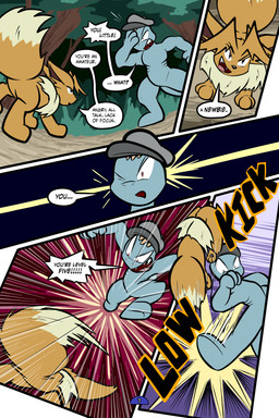 5_panel_comic ambiguous_gender attack bar_emanata biped black_eyes black_text blue_body brown_body brown_hair clothing day dialogue duo ellipsis emanata exclamation_point eyebrows feral fight fluffy fluffy_tail fur hair hat headgear headwear kick linked_speech_bubble looking_at_another motion_lines neck_tuft one_eye_closed open_mouth open_smile outside page_number paws plant pointy_speech_bubble quadruped question_mark red_eyes sharp_teeth shrub smile sound_effects speech_bubble standing tail talking_to_another teeth text tongue toony tree tuft wearing_hat white_sclera virmir nintendo pokemon pokemon_mystery_dungeon spike_chunsoft virmir_(character) eevee generation_1_pokemon humanoid machop pokemon_(species) 2024 2:3 absurd_res comic digital_media_(artwork) english_text hi_res male_(lore)