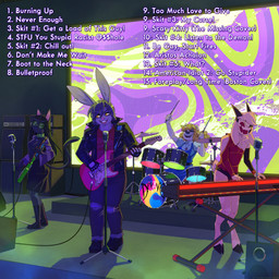 alternative_fashion anthro band bass_guitar black_body black_fur black_hair black_nose blonde_hair boots bottomwear breasts buckteeth clothing collar curly_hair denim denim_bottomwear denim_clothing drum drumming ear_piercing ear_ring electric_guitar electronics eyewear female footwear fur glasses goth group guitar hair hooves horn jacket jeans keyboard_instrument leather leather_clothing leather_jacket leather_topwear long_ears long_hair male mask microphone music musical_instrument musical_keyboard musician pants percussion_instrument piercing pink_nose playing_bass playing_guitar playing_music plucked_string_instrument profanity purple_body purple_fur purple_hair ring_piercing round_glasses shoes singing small_breasts stage string_instrument teeth topwear torn_bottomwear torn_clothing torn_jeans torn_pants white_body white_fur white_hair wire yellow_eyes naughtyjester arthur_(lapinbeau) danica_(daniruu) krista_blonde william_(lapinbeau) bear bovid caprine domestic_cat domestic_rabbit felid feline felis flemish_giant goat lagomorph leporid mammal oryctolagus rabbit 1:1 hi_res