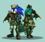 anthro armor beret blue_body blue_fur blue_hair boots breasts clothed clothing duo female footwear fur hair hat headgear headwear long_hair male military non-mammal_breasts shoes sssonic2 capcom monster_hunter sega sonic_the_hedgehog_(series) abioguru_(armor) crisalia sonic_the_hedgehog chameleon eulipotyphlan hedgehog jackson's_chameleon lizard mammal reptile scalie digital_media_(artwork) hi_res