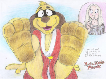 alternative_fashion bat_wings belt blonde_hair blouse blush bottomless clothed clothing dialogue dirty dirty_feet duo feet femboy foot_focus goth hair jewelry keikogi legs_up male martial_arts_uniform mask membrane_(anatomy) membranous_wings out_of_frame pendant presenting robe sitting sportswear topwear wings yellow_belt rufe_squirrel hanna-barbera hong_kong_phooey hong_kong_phooey_(character) canid canine canis domestic_dog human humanoid mammal hi_res traditional_media_(artwork)