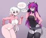 anthro breasts clothing duo eyewear female fur glasses glistening glistening_body glistening_clothing grey_body grey_fur hair hoodie legwear nipples purple_hair simple_background speech_bubble thigh_highs topwear twitter_hoodie iwbitu meme_clothing nyopu_(iwbitu) syrth canid canine fox mammal marine pinniped seal 2018 digital_media_(artwork) meme shaded