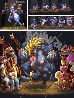 accessory afro anthro anthrofied balls big_balls big_penis bottomless breakdancing breasts cleavage clothed clothing clown_nose dancing eyewear feet female genitals group hair male muscular muscular_female muscular_male necktie penis pigtails ponytail prehensile_feet shortstack spotlight sunglasses text toes transformation twerking vulva doctor_awesome donkey_kong_(series) donkey_kong_bananza nintendo star_fox candy_kong chunky_kong cranky_kong diddy_kong dixie_kong funky_kong kalypso krystal_(star_fox) lanky_kong poppy_kong tiny_kong ape canid canine fox gorilla haplorhine kong kremling mammal primate scalie absurd_res comic english_text hi_res