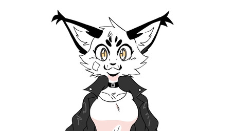 :3 bandage bandage_on_face big_breasts blinking bouncing_breasts breasts cheek_tuft choker clothing ear_tuft facial_tuft happy jacket jewelry looking_at_viewer looking_away music necklace orange_eyes shirt tight_clothing tight_shirt tight_topwear topwear tuft twitching_ear beezii roaring_spirits jackie_(beezii) caracal caracal_(genus) felid feline mammal 16:9 2025 2d_animation animated black_and_white digital_media_(artwork) hi_res loop monochrome short_playtime webm widescreen