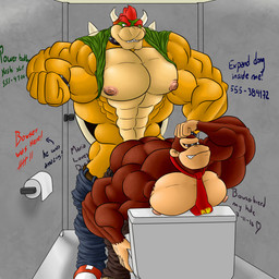 5_fingers abs anal anal_penetration anthro anthro_on_anthro bathroom biceps big_muscles bottomwear bracelet butt clothed clothing collar duo fingers front_view graffiti grey_background horn huge_muscles hyper hyper_muscles inside jewelry male male/male male_penetrated male_penetrating male_penetrating_male muscular muscular_male necktie nipples pants pecs penetration phone_number profanity public_restroom restroom_stall sex shell simple_background smile spiked_bracelet spiked_collar spiked_shell spikes spikes_(anatomy) tally_marks toilet toilet_paper topless western_tally_marks zerozero donkey_kong_(series) expand_dong mario_bros nintendo bowser donkey_kong_(character) ape gorilla haplorhine kong koopa mammal monkey primate scalie 1:1 2016 dated hi_res