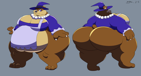 anthro apron big_butt brown_body brown_fur butt clothing female fur hat headgear headwear huge_butt hyper hyper_butt magic_user obese obese_anthro obese_female overweight overweight_anthro overweight_female purple_eyes witch witch_hat dirtymac bear mammal absurd_res digital_media_(artwork) hi_res