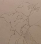 anthro duo fellatio genitals half-closed_eyes high-angle_view male male/male narrowed_eyes oral penile penis sex size_difference tongue skycroc bandai_namco digimon digimon_(species) guilmon veemon low_res traditional_media_(artwork)