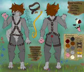 anthro brown_hair collar description flower fur grass grey_body grey_fur hair harness harness_only leash leashed_collar looking_at_viewer male pawpads pink_pawpads pink_tongue plant red_eyes solo text tongue tongue_out 2001maxx conditional_dnp maxx_(2001maxx) canid canine canis domestic_dog husky mammal nordic_sled_dog spitz absurd_res english_text hi_res model_sheet