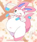 3_fingers 3_toes ambiguous_gender anthro bar_emanata belly big_belly blue_eyes blue_inner_ear blush bow_(feature) ear_bow emanata featureless_crotch feet fingers front_view fur gloves_(marking) heart_symbol kemono leg_markings looking_at_viewer markings monotone_tail multicolored_body multicolored_fur navel nude one_eye_closed overweight overweight_ambiguous overweight_anthro pattern_background pink_body pink_ears pink_fur pink_tail pokemorph pupils ribbons simple_background smile socks_(marking) solo standing tail three-quarter_view toes two_tone_body two_tone_fur white_body white_fur white_pupils wink takisan_oekaki nintendo pokemon eeveelution generation_6_pokemon mammal pokemon_(species) sylveon 2023 absurd_res colored digital_media_(artwork) full-length_portrait hi_res portrait shaded signature simple_shading